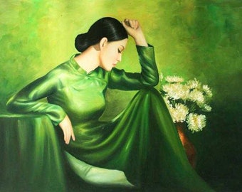 Handmade oil painting on cotton canvas on demand, rolled stretched or framed, Vietnam - Beautiful green ao dai Vietnamese lady dress art
