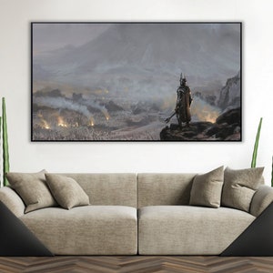 Handmade oil painting on cotton canvas on demand, rolled stretched or framed, Fantasy - Dark Lord and his army of Orcs in ash fields Mairon