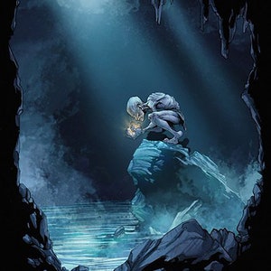 Handmade oil painting on cotton canvas on demand, rolled stretched or framed, Fantasy - Weird sick being with jowel in cave fan art wall art