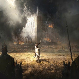 Handmade oil painting on cotton canvas on demand, rolled stretched or framed, Fantasy -King of men at men city wall artwork fan art fortress