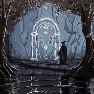 Handgemachtes Ölgemälde auf Baumwoll-Leinwand, gerollt, gespannt oder gerahmt, Fantasy - Hexe vor Zwergentür wandbild fanart Moria