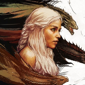 Handmade Daenerys Targaryen Oil Painting with Dragons Fanart