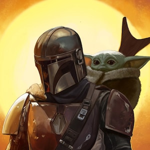 Handmade oil painting on cotton canvas on demand, rolled stretched or framed, Sci Fi - Hunter with Greeny 3 fan art wall artwork Mandalorian