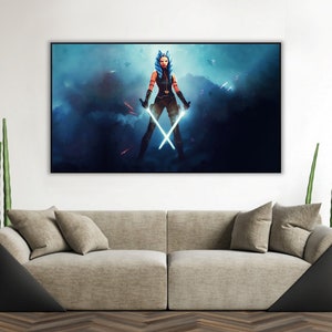 Handmade oil painting on cotton canvas on demand, rolled stretched or framed,Sci Fi-Orange girl blue laser saber 2 fan art wall artwork jedi