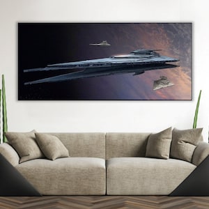 Handmade oil painting on cotton canvas on demand, rolled stretched or framed, Sci Fi-Star Destroyer above planet 3 fan art wallart spaceship