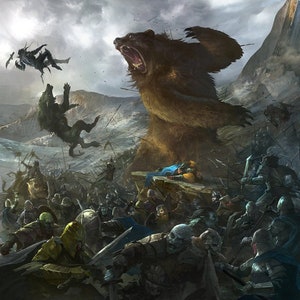 Handmade oil painting on cotton canvas on demand, rolled stretched or framed, Fantasy - Big Battle of Armies bear man 2 wall artwork fan art