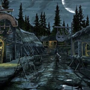 Handmade Skyrim Oil Painting: Night Landscape Fan Art