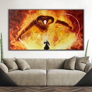 Handmade oil painting on cotton canvas on demand, rolled stretched or framed, Fantasy - Giant Shadow Flame Monster versus witch fan wall art