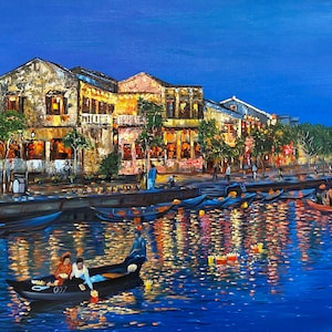 Handmade oil painting on cotton canvas on demand, rolled stretched or framed, Vietnam - Hoi An street and river city landscape wall artwork