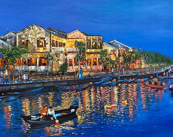 Handmade oil painting on cotton canvas on demand, rolled stretched or framed, Vietnam - Hoi An street and river city landscape wall artwork