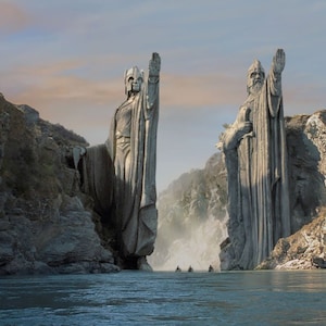 Handmade oil painting on cotton canvas on demand, rolled stretched or framed, Fantasy - Half-Men navigate through Argonath 2 fanart wall art