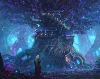 Handmade oil painting on cotton canvas on demand, rolled stretched or framed, World of Warcraft - Teldrassil city 2 artwork wall fan art WoW