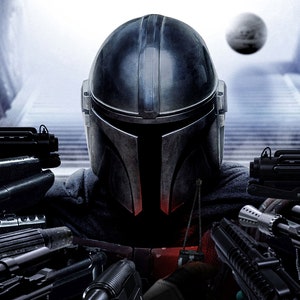 Handmade oil painting on cotton canvas on demand, rolled stretched or framed, Sci Fi -Hunter weapons fan art wall artwork Mandalorian Djarin