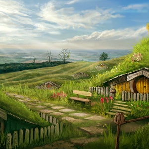 Handmade oil painting on cotton canvas on demand, rolled stretched or framed, Fantasy - Half men village landscape 7 fan art wall art Shire