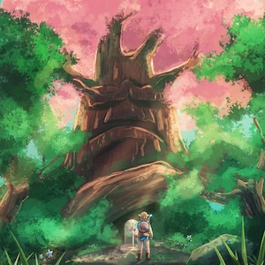 Pintura al óleo hecha a mano sobre lienzo de algodón bajo demanda, enrollada estirada o enmarcada, Videojuegos - Zelda Great Deku Tree 3 arte mural fan art
