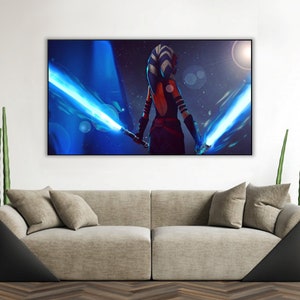 Handmade oil painting on cotton canvas on demand, rolled stretched or framed, Sci Fi -Orange girl blue laser saber fan art wall artwork jedi