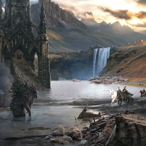 Handmade oil painting on cotton canvas on demand, rolled stretched or framed, Fantasy -Flooded tower with tree man and witch wallart fan art