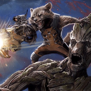 Handmade Groot and Rocket Raccoon Oil Painting on Canvas