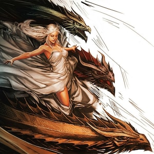 Handmade oil painting on cotton canvas on demand, rolled stretched or framed, Game of Thrones-Daenerys Targaryen with dragons 7 wall fanart
