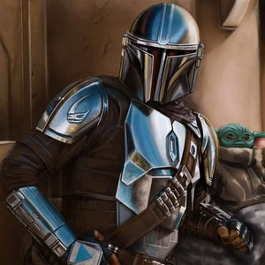 Handmade oil painting on cotton canvas on demand, rolled stretched or framed, Sci Fi - Hunter full armor with Greeny fan art wall artwork