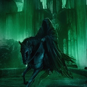 Handmade oil painting on cotton canvas on demand, rolled stretched or framed, Fantasy - Dark Lord Orc city fortress black knight on horse