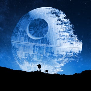 Handmade oil painting on cotton canvas on demand, rolled stretched or framed, Sci Fi -Death Star with AT AT moonlight night fan art wall art