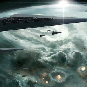 Handmade oil painting on cotton canvas on demand, rolled stretched or framed, Sci Fi - Star Destroyer above Naboo fan art wallart spaceship