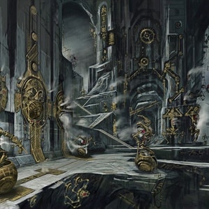Handgemaakt olieverfschilderij op katoenen canvas op aanvraag, opgerold, uitgerekt of ingelijst, Videogames - Skyrim Dwemer-ruïnes 6 fanart Dwergenruïnes kunst