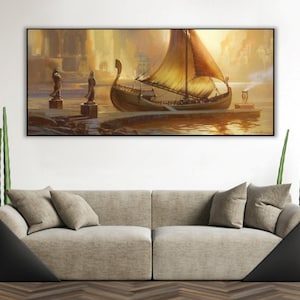 Handmade oil painting on cotton canvas on demand, rolled stretched or framed, Fantasy - Elven boat city architecture sea city 1 wall fan art