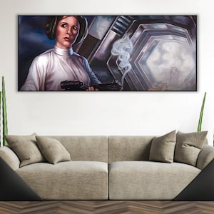 Handmade oil painting on cotton canvas on demand, rolled stretched or framed, Princess blaster portrait 2 fan art wall art Leia cosplay