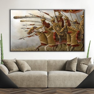 Pintura a óleo feita à mão sobre tela de algodão sob demanda, enrolada, esticada ou emoldurada, Fantasia - Arte de parede do exército de cavalaria oriental, exército Rhun