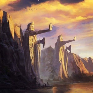 Handmade oil painting on cotton canvas on demand, rolled stretched or framed, Fantasy -Half-Men navigate through Argonath 3 fan art wall art