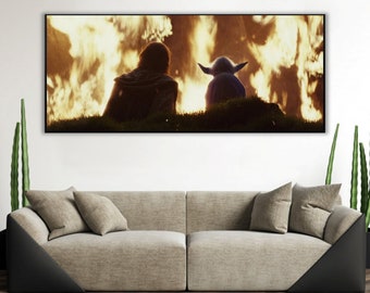 Handmade oil painting on cotton canvas on demand, rolled stretched or framed,Sci Fi - Lucas Skymaster and green guy in front of fire fan art