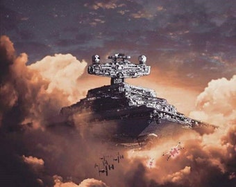Handmade oil painting on cotton canvas on demand, rolled stretched or framed, Sci Fi - Starship destroy empire in clouds fan art wall art