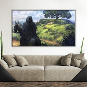 Handmade oil painting on cotton canvas on demand, rolled stretched or framed, Fantasy - Black knight rider on horse in village fan art Shire