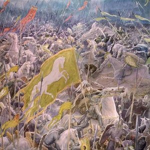 Handmade oil painting on cotton canvas on demand, rolled stretched or framed, Fantasy - Men army on horse charging in fields wall fan art