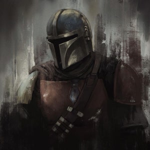 Handmade oil painting on cotton canvas on demand, rolled stretched or framed, Sci Fi - Hunter portrait 2 fan art wall artwork Mandalorian