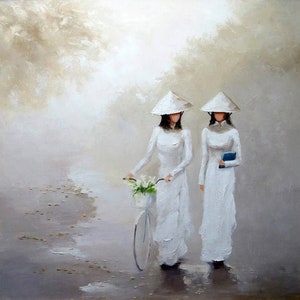 Handmade oil painting on cotton canvas on demand, rolled stretched or framed, Vietnam-Vietnamese Lady in Traditional Dress Ao Dai 7 wall art