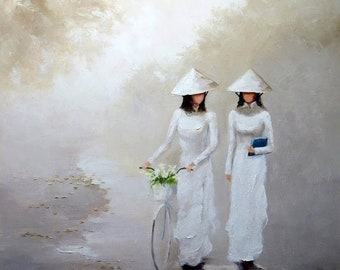 Handmade oil painting on cotton canvas on demand, rolled stretched or framed, Vietnam-Vietnamese Lady in Traditional Dress Ao Dai 7 wall art