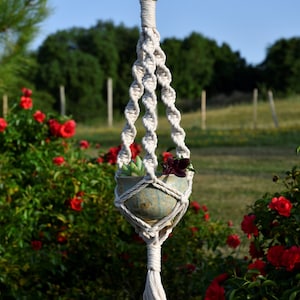 May include: A white macrame plant hanger with a tassel, holding a small green and brown ceramic pot with succulents and a purple flower.