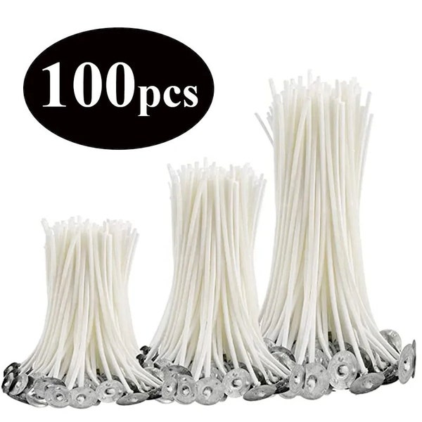 100pcs Smokeless Candle Wicks 2.6-20cm Pre-Waxed Cotton Core Wicks with Metal Sustainer And Candle Wick Stickers Candle Making Candle DIY