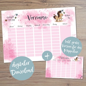 Timetable for students &quot;HORSE&quot;, with note field, customizable | DIN A4 as print-at-home | School enrollment | Gift for the start of school