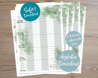 Instant download of the 2026 "GREEN" family planner, 14 months and 2027 annual calendar | DIN A4 printable | Annual planner, fill-in-the-blank