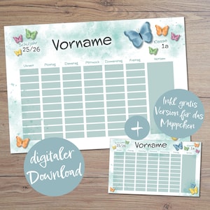 May include: A digital download school timetable with the word "Vorname" at the top. The schedule is light blue with butterfly illustrations and the text "digitaler Download". Includes a smaller version and the text "Inkl gratis Version für das Mappchen".