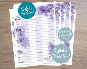 Instant download of the 2026 "PURPLE" family planner, 14-month calendar and 2027 annual calendar | DIN A4 printable | Annual planner, fill-in-the-blank