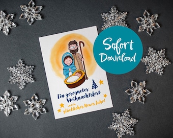 Puede incluir: Una tarjeta de Navidad con una ilustración del nacimiento de Jesús, rodeada de adornos de copos de nieve transparentes. La tarjeta presenta el texto "Ein gesegnetes Weihnachtsfest und ein glückliches Neues Jahr!" y un círculo azul con las palabras "Sofort Download".
