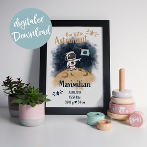 Cartel de nacimiento "ASTRONAUTA", personalizable | Póster para imprimir en casa | Anuncio de nacimiento | Memoria del nacimiento, bebe.