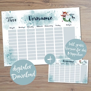 Timetable for students &quot;MERMAID&quot;, with note field, customizable | DIN A4 as print-at-home | School enrollment | Gift for the start of school
