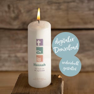 Plantilla PDF de vela bautismal "SÍMBOLOS", personalizable | Para imprimir en casa | DIY, tobogán acuático, cubierta de luz, decoración | Bautismo, recuerdo de bautismo