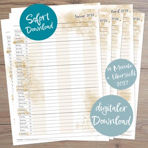 Instant download of the 2026 family planner in "BEIGE", 14-month calendar and 2027 annual calendar | DIN A4 printable format | Annual planner, fill-in-the-blank